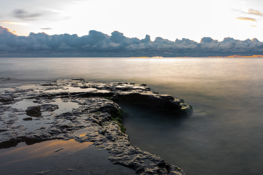 Cave Point Sunrise with Mountains